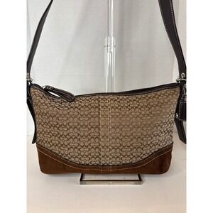 Coach Signature Jacquard Suede Leather Shoulder Bag Khaki Brown F10945 -see pics
